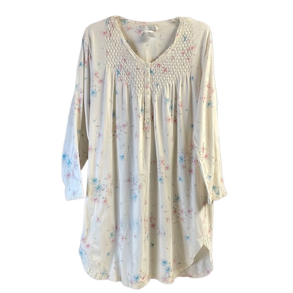 EARTH ANGELS Ladies Floral Cotton Smocked Modest Night Gown Dress Size Large